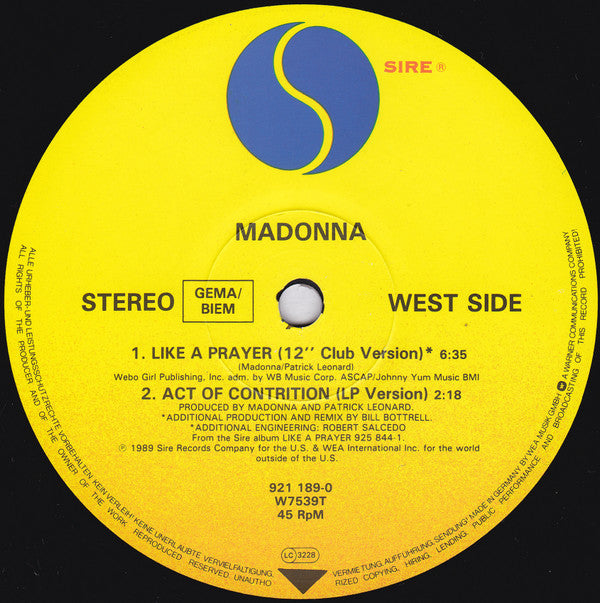 Madonna : Like A Prayer (12", Single)