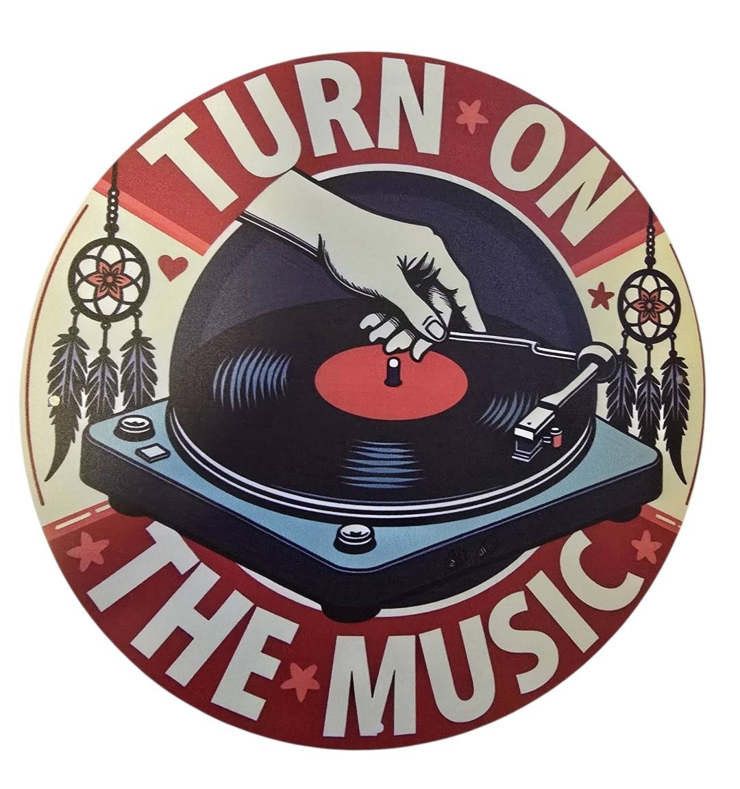 Rond Metalen Bord – “Turn On The Music”