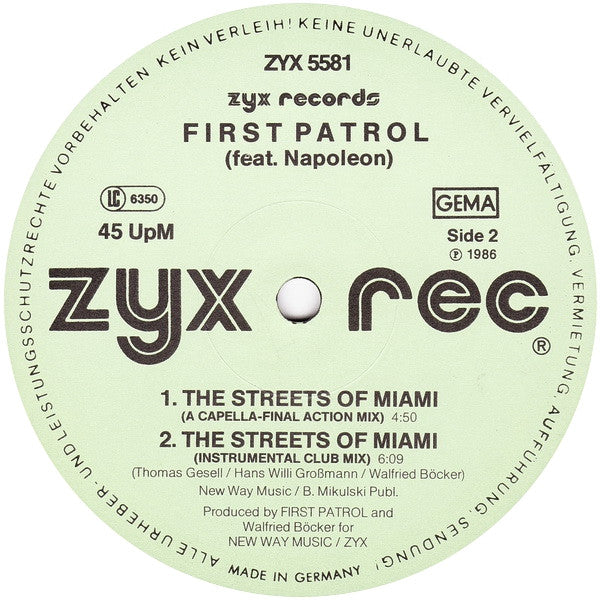 First Patrol Featuring Napoleon* : The Streets Of Miami (Vice Rap) (12", Maxi)