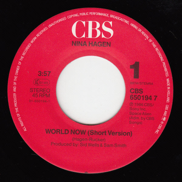 Nina Hagen : World Now (Short Version) (7", Single)