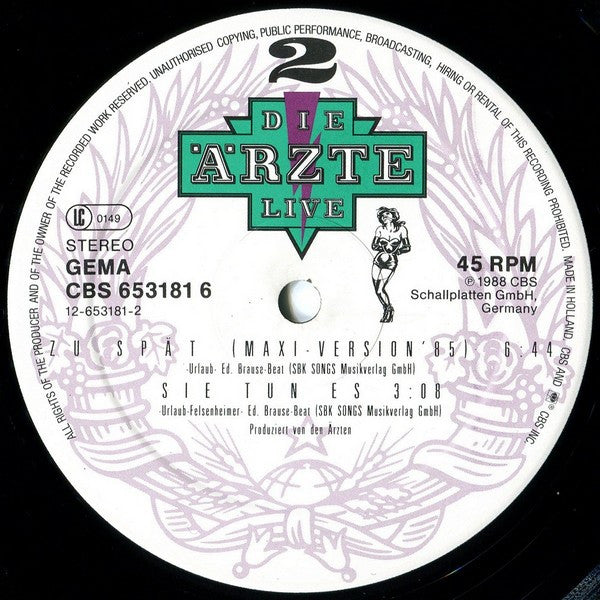 Die Ärzte : Zu Spät (Hit Summer Mix '88) (12", Maxi)