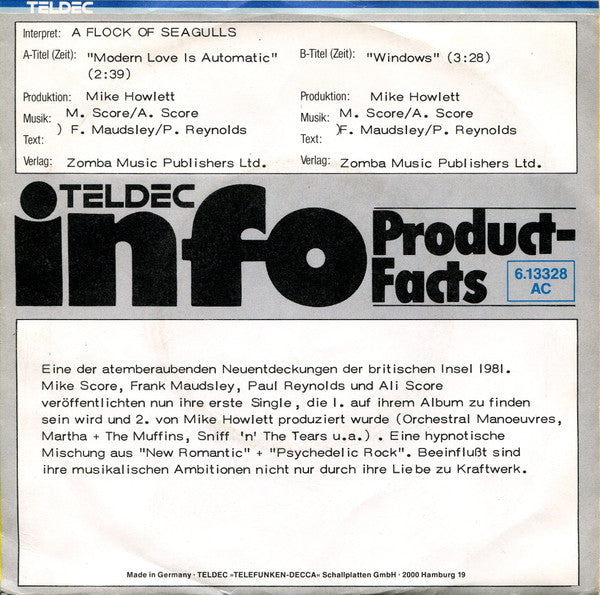 A Flock Of Seagulls : Modern Love Is Automatic (7", Single, Promo)