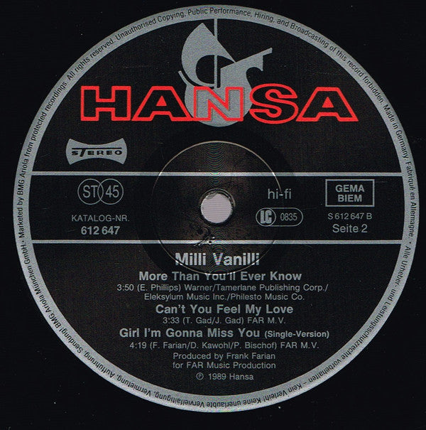 Milli Vanilli : Girl I'm Gonna Miss You (12", Maxi)