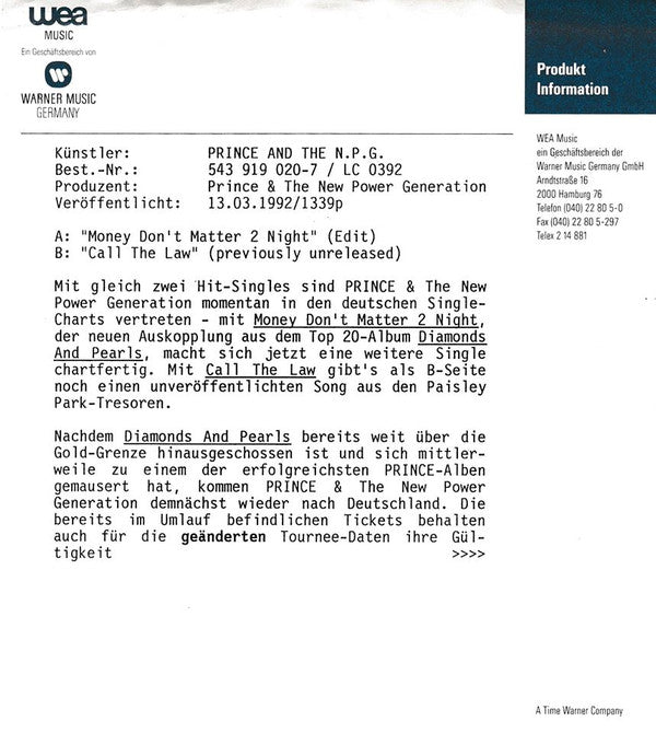 Prince And The New Power Generation : Money Don't Matter 2 Night (7", Single, Lar)