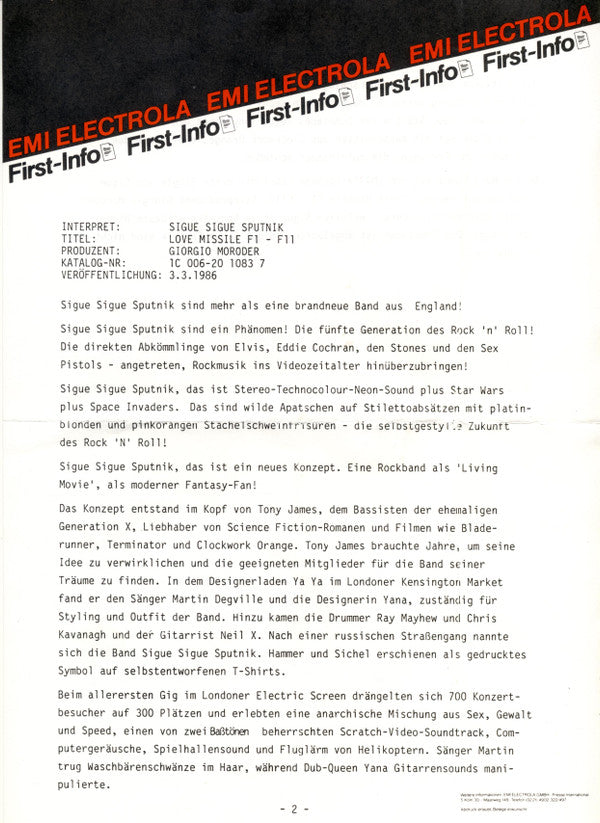 Sigue Sigue Sputnik : Love Missile F1-11 (7", Single)