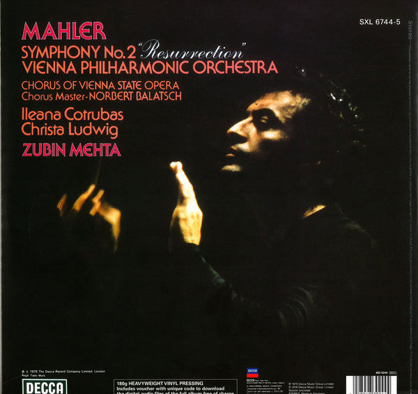 Mahler* - Zubin Mehta / Vienna Philharmonic Orchestra*, Ileana Cotrubas, Christa Ludwig : Symphony No. 2 In C Minor "Resurrection" (2xLP, Album, RE, RM, 180)