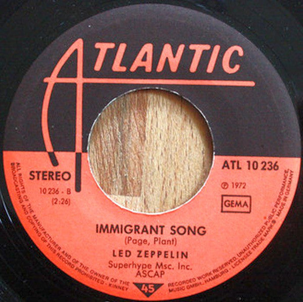 Led Zeppelin : Whole Lotta Love / Immigrant Song (7", Single, red)