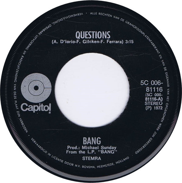 Bang (12) : Questions / Future Shock (7", Single, Yel)