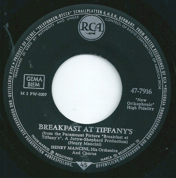 Henry Mancini And His Orchestra : Moon River / Breakfast At Tiffany's (7", Single, Mono)