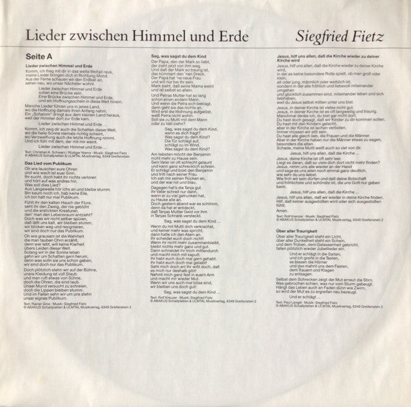 Siegfried Fietz : Lieder Zwischen Himmel Und Erde (LP, Album)