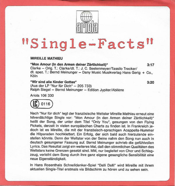 Mireille Mathieu : Mon Amour (In Den Armen Deiner Zärtlichkeit) (7", Single)