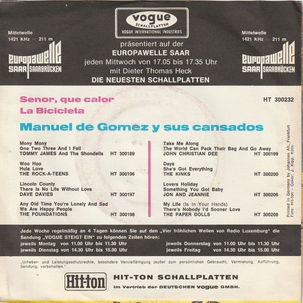 Manuel De Gomez Y Sus Cansados, Manuel De Gomez : Senor Que Calor / La Bicicleta (7", Single)