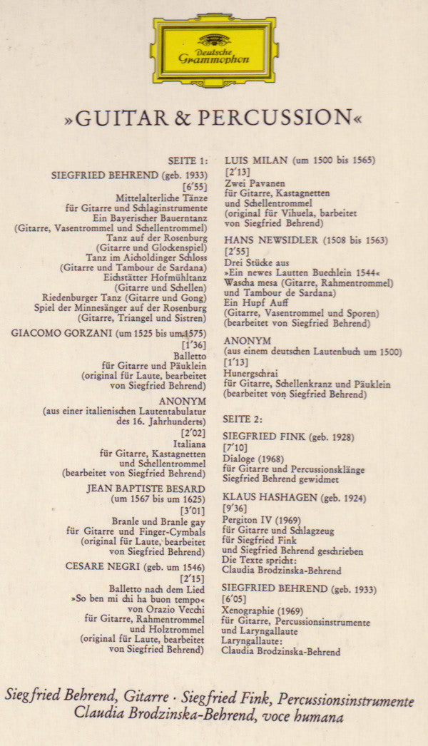 Siegfried Behrend & Siegfried Fink & Claudia Brodzinska-Behrend : »Guitar & Percussion« (LP, Album)