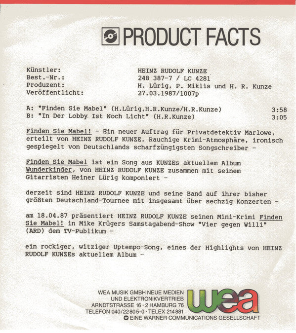 Heinz Rudolf Kunze : Finden Sie Mabel! (7", Single)