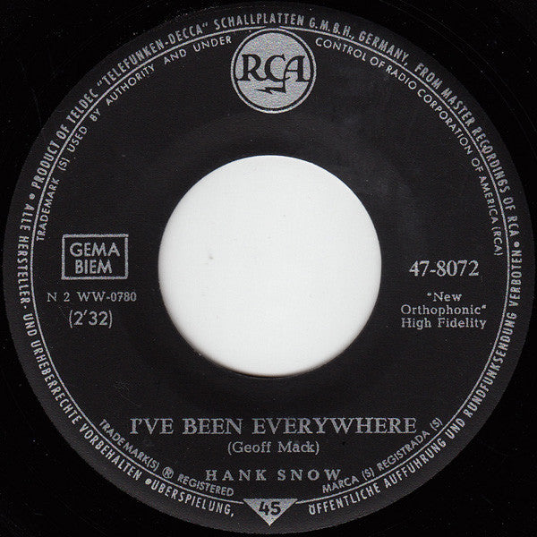 Hank Snow : Ancient History / I've Been Everywhere (7", Single, Mono)