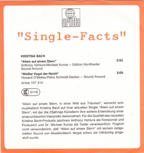 Kristina Bach : Allein Auf Einem Stern (7", Single)