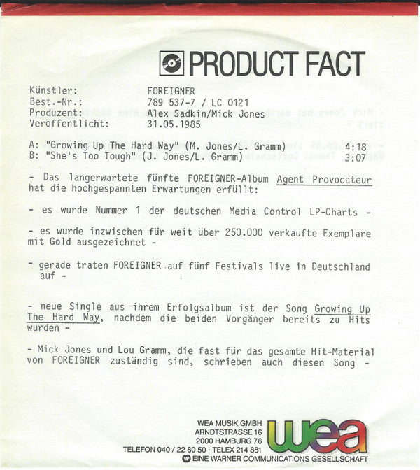 Foreigner : Growing Up The Hard Way (7", Single)