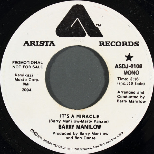 Barry Manilow : It's A Miracle (7", Single, Mono, Promo)