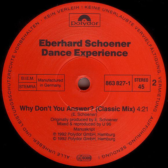 Eberhard Schoener Dance Experience : Why Don't You Answer? (12")