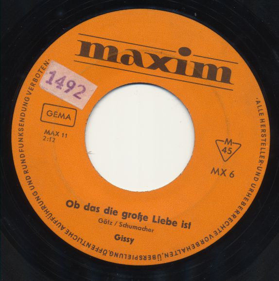 Gissy : Indio Boy / Ob Das Die Große Liebe Ist (7", Single, Mono)