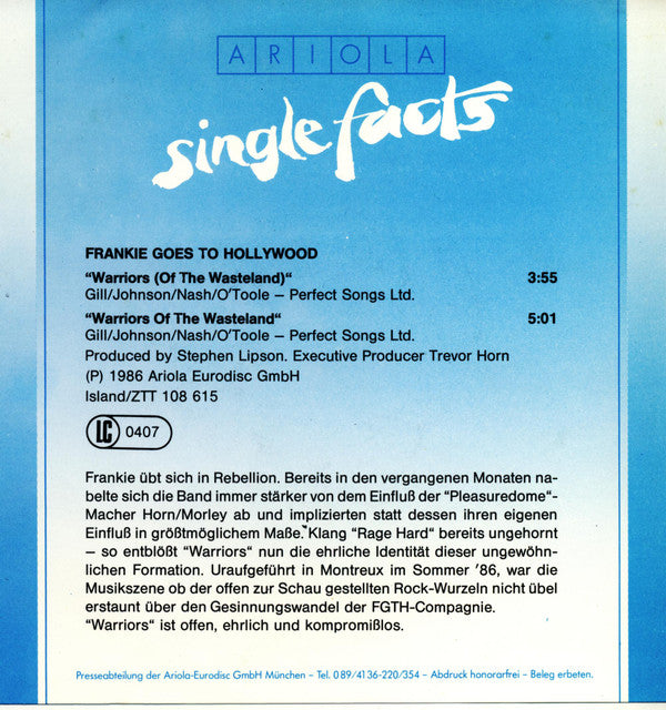 Frankie Goes To Hollywood : Warriors (Of The Wasteland) (7", Single)