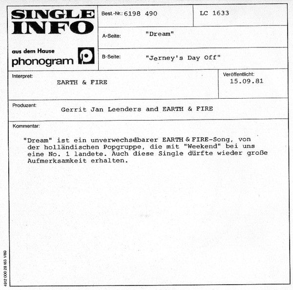 Earth And Fire : Dream (7", Single)