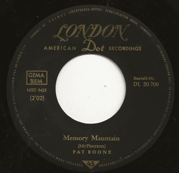 Pat Boone : Tie Me Kangaroo Down Sport / Memory Mountain (7", Single)