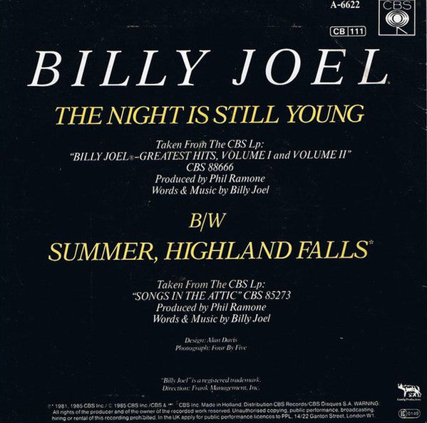 Billy Joel : The Night Is Still Young (7", Single)
