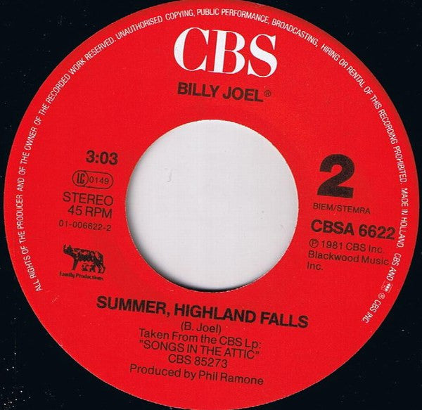 Billy Joel : The Night Is Still Young (7", Single)