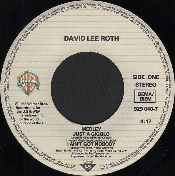 David Lee Roth : Just A Gigolo / I Ain't Got Nobody (Medley) (7", Single)