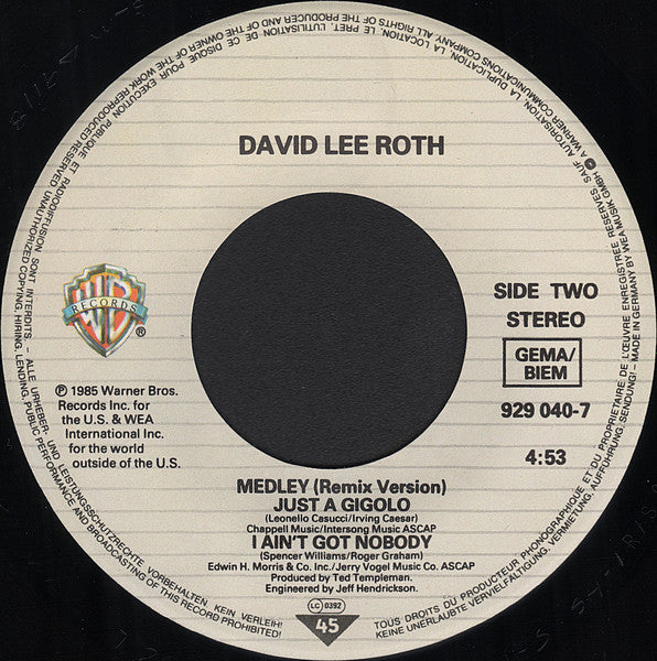 David Lee Roth : Just A Gigolo / I Ain't Got Nobody (Medley) (7", Single)