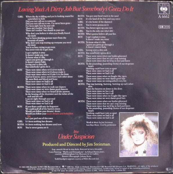 Bonnie Tyler Duet With Todd Rundgren : Loving You's A Dirty Job But Somebody's Gotta Do It (7", Single)