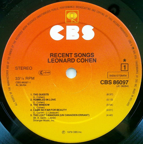 Leonard Cohen : Recent Songs (LP, Album)