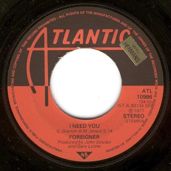 Foreigner : Cold As Ice (7", Single)