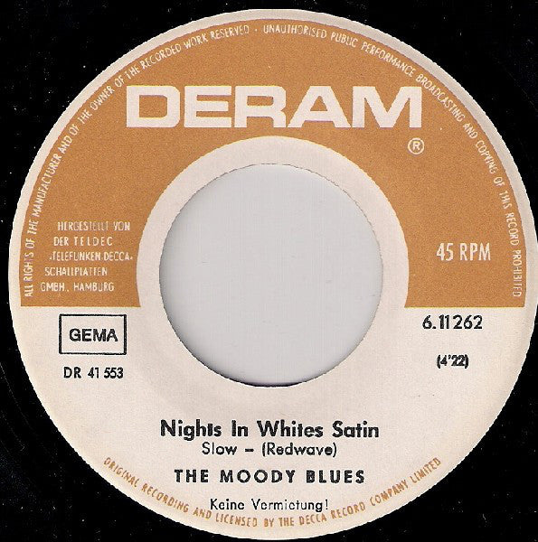 The Moody Blues : Nights In White Satin / Cities (7", Single, RE)