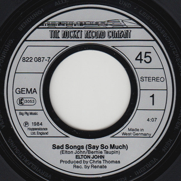 Elton John : Sad Songs (Say So Much) (7", Single)