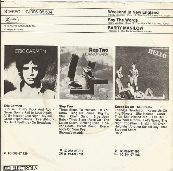 Barry Manilow : Weekend In New England (7", Single)