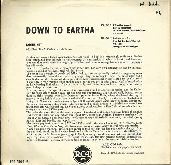 Eartha Kitt : Down To Eartha (7", EP)