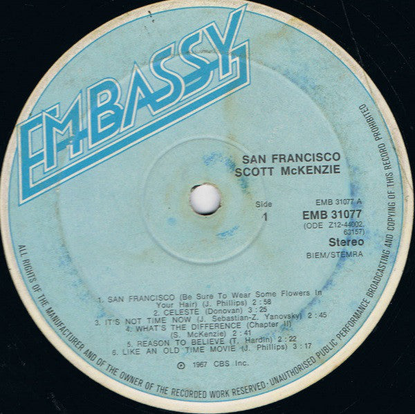 Scott McKenzie : San Francisco (Be Sure To Wear Some Flowers In Your Hair) (LP, Album, RE, Blu)