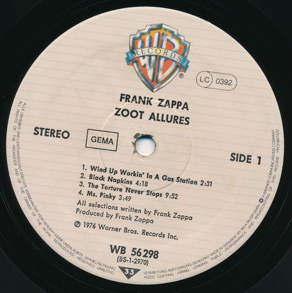 Frank Zappa : Zoot Allures (LP, Album, RP, Cap)
