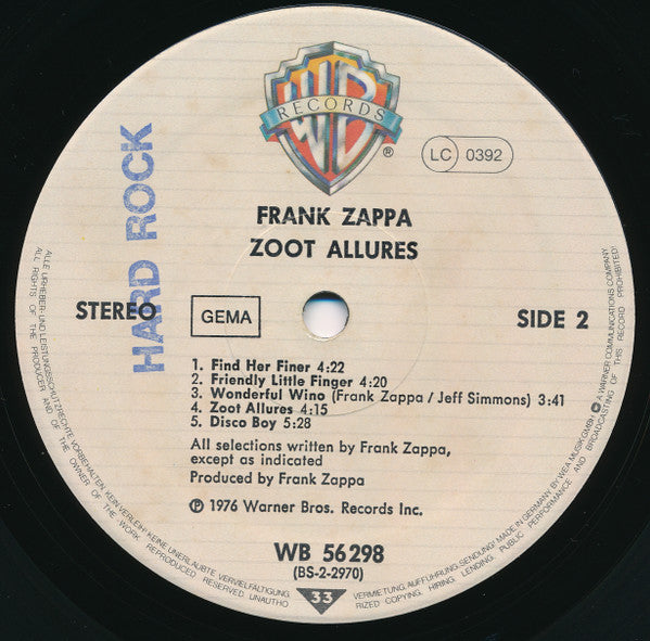 Frank Zappa : Zoot Allures (LP, Album, RP, Cap)