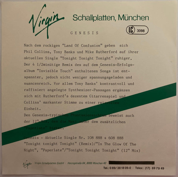 Genesis : Tonight, Tonight, Tonight (7", Single)
