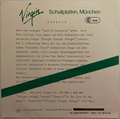 Genesis : Tonight, Tonight, Tonight (7", Single)