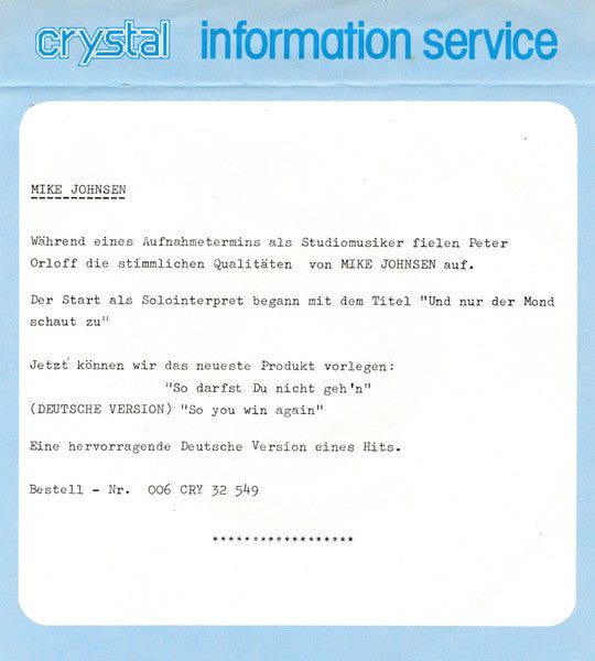 Mike Johnsen (3) : So Darfst Du Nicht Geh'n (7", Single)