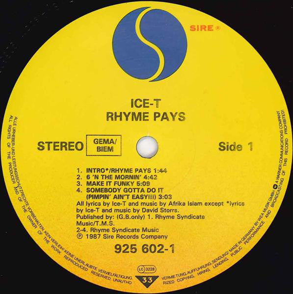 Ice-T : Rhyme Pays (LP, Album)