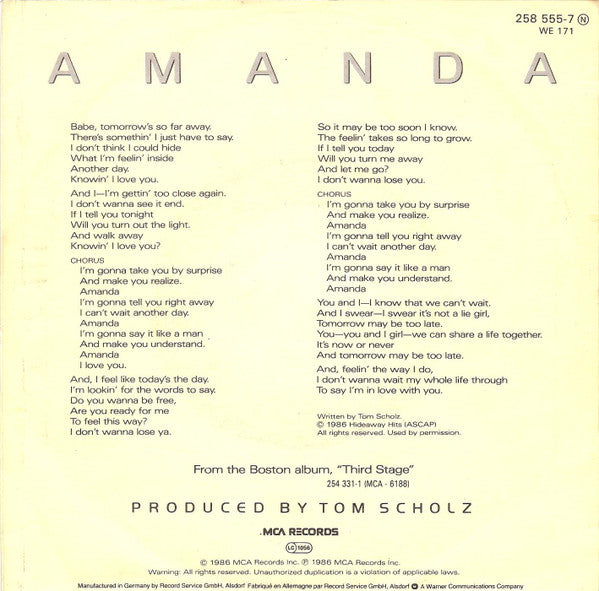 Boston : Amanda (7", Single)