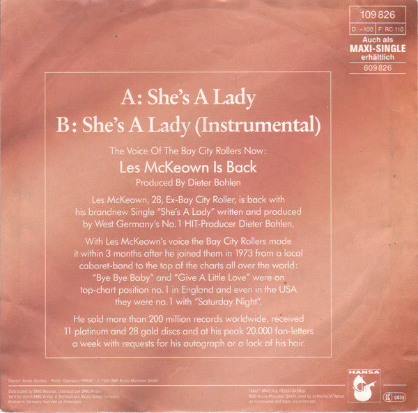 Les McKeown : She's A Lady (7", Single)