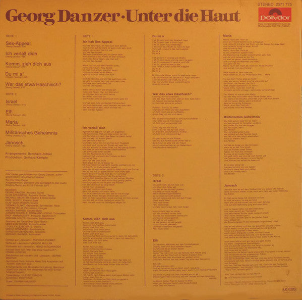 Georg Danzer : Unter Die Haut (LP, Album, Inj)