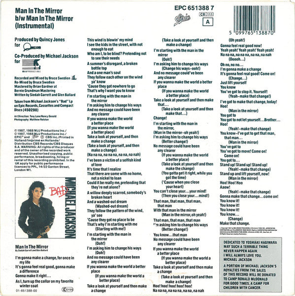 Michael Jackson : Man In The Mirror (7", Single)