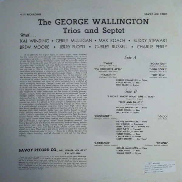George Wallington Trio : The George Wallington Trios & Septet (LP, Album, Mono, RE)